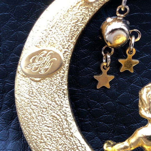 Kirks Folly Brooch Cherub Riding AB Moon Star Charms Vintage Boxed Gold Tone Pin - Picture 4 of 12